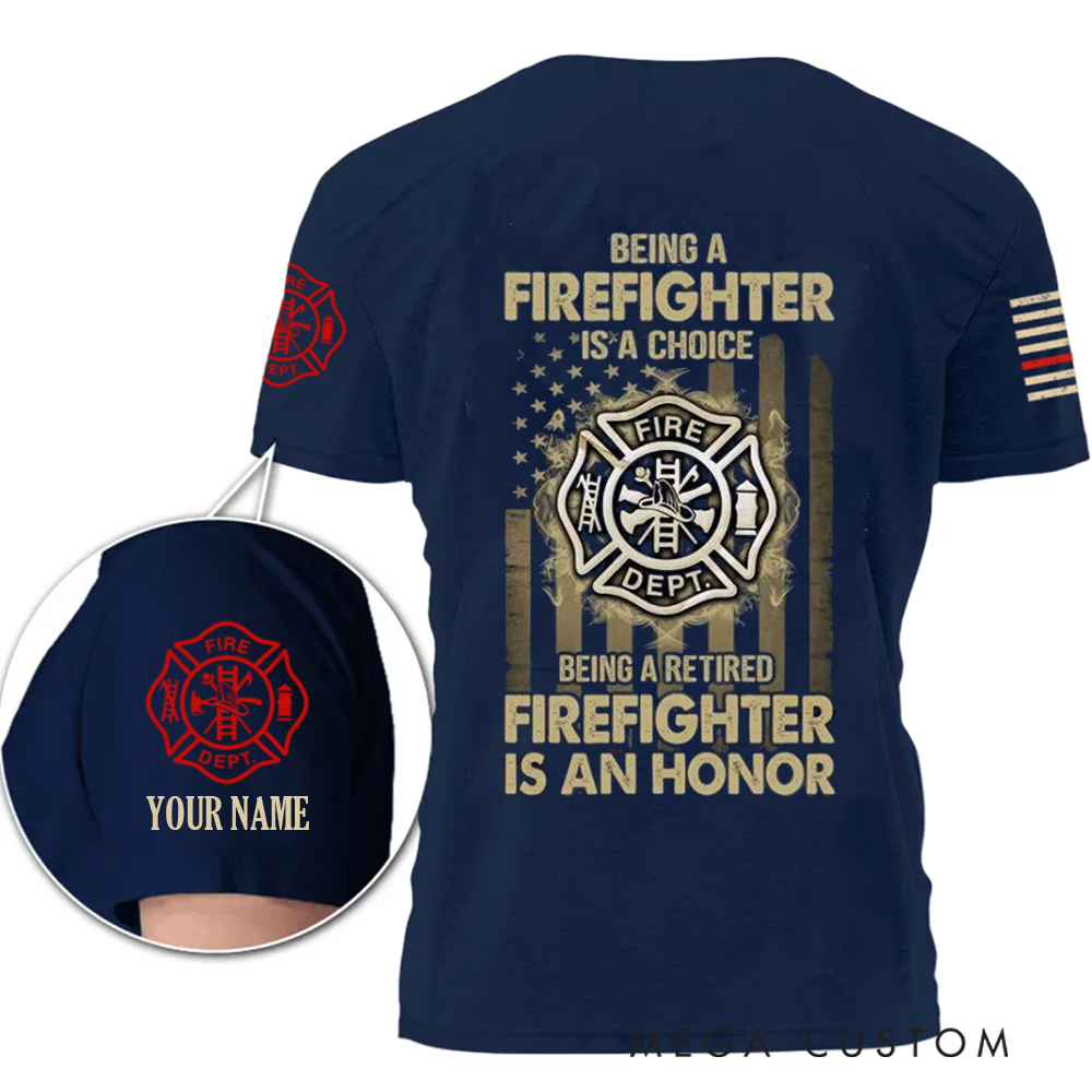 Personalized Firefighter T-Shirt with Fire Dept Emblem and Custom Name - Honoring Service and Retirement