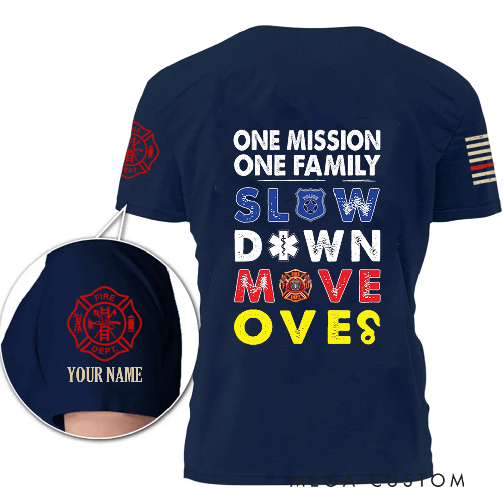 Personalized Firefighter T-Shirt with One Mission, One Family Design and Custom Name Promote Safety and Unity