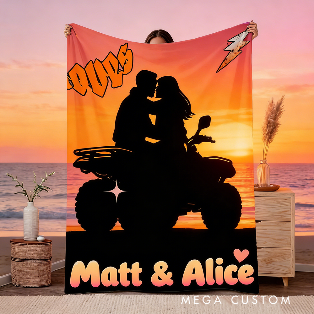 Personalized ATV Couple Blanket Custom Sunset Design for Racing Enthusiasts