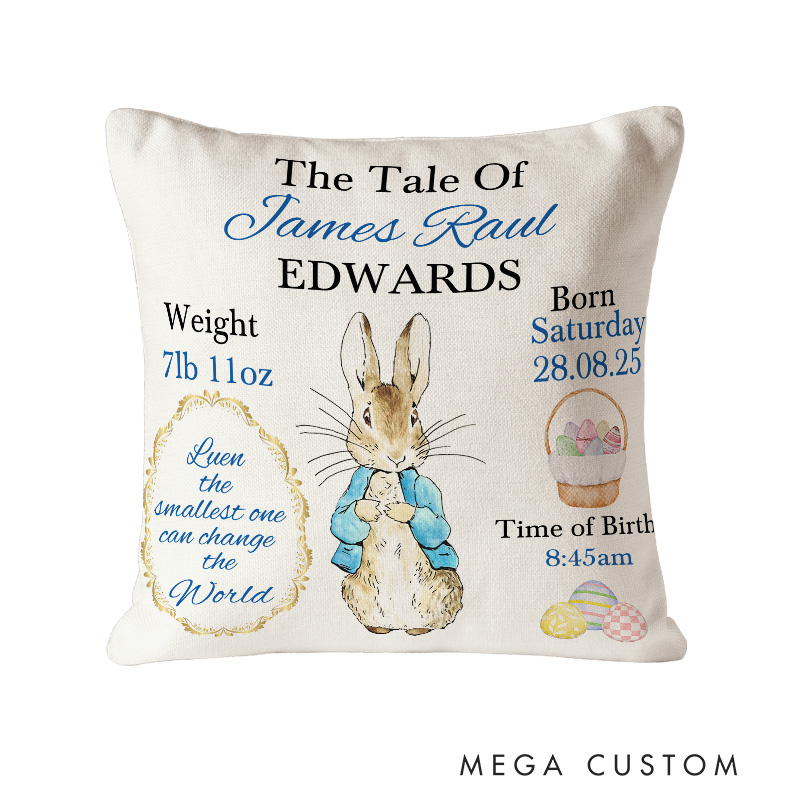 Personalized Peter/Flopsy Rabbit Baby Boy Throw Pillow Keepsake Gift for Christening
