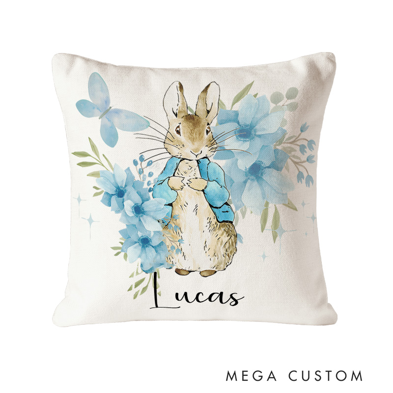 Personalized Floral Bunny Throw Pillows Featuring Adorable Bunny With Elegant Flowers Throw Pillows