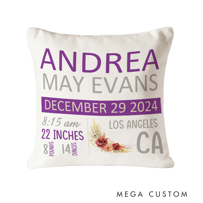 Personalized Birth Stats Throw Pillows Highlighting Baby's Name Date And Measurements Throw Pillows
