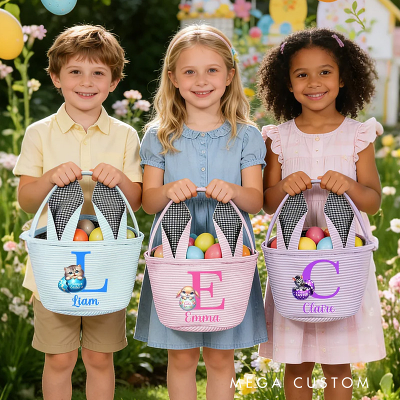 Personalized Multi-Color Cute Animal Bunny Ears Easter Basket with Name and Initial Daily Use Holiday Party Easter Gift for Children