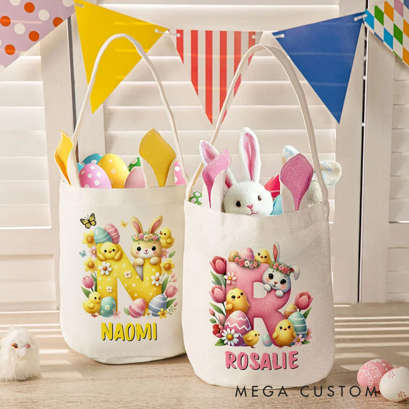 Personalized Cartoon Easter Bunny Ears Large Capacity Basket with Name and Initial Easter Eggs Hunting Party Easter Gift for Kids