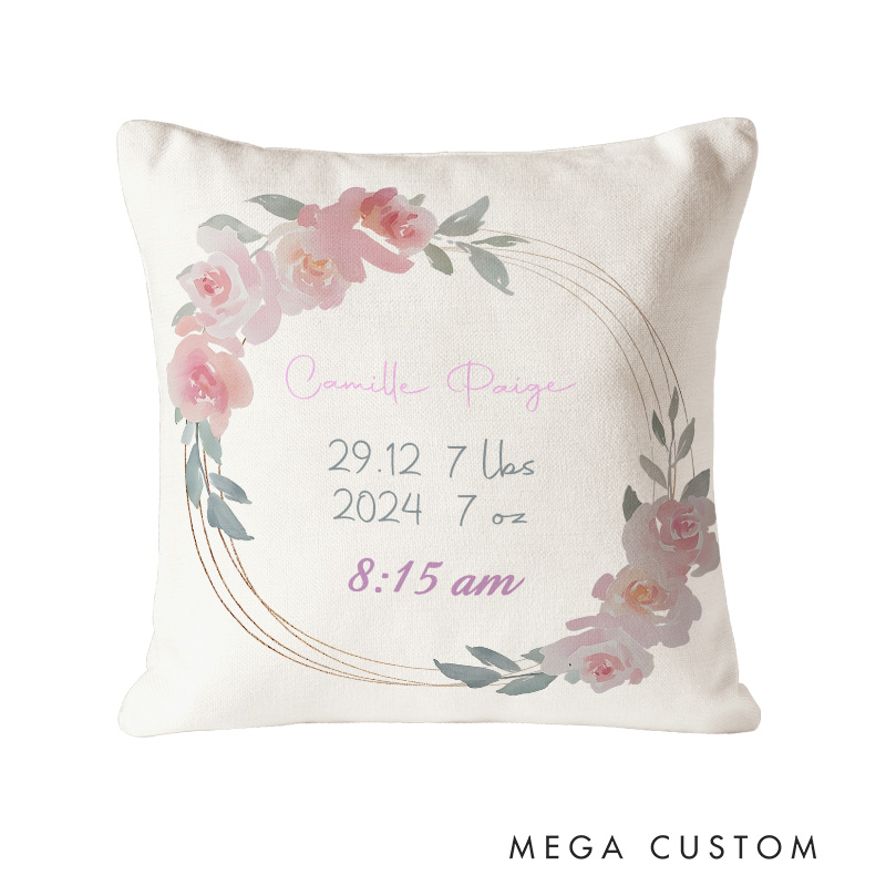 Personalized Floral Wreath Birth Stats Throw Pillows Featuring Baby's Details And Soft Flowers Throw Pillows