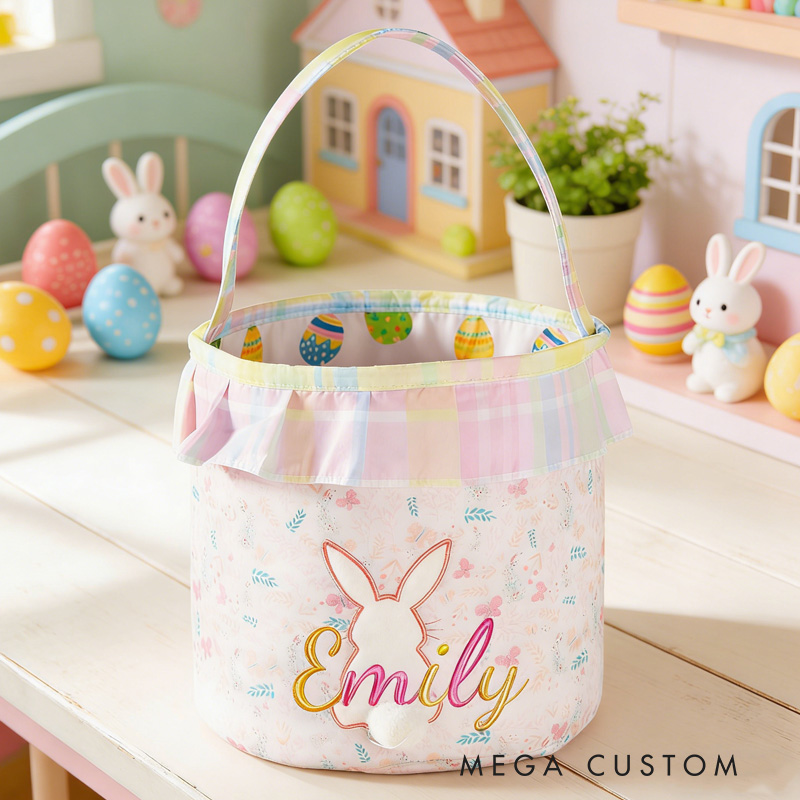 Personalized Unique Custom Name Adorable Rabbit Surrounded by Flowers Kids Holiday Treat Holder Easter Basket