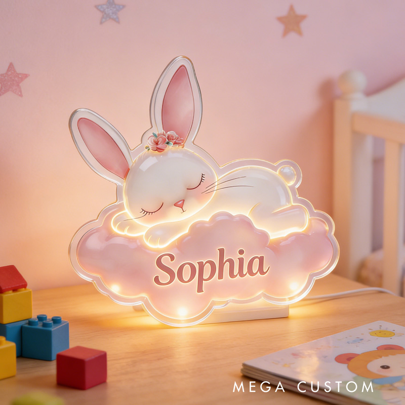 Personalized Fun Custom Name Adorable Bunny Dreamland Theme Baby Room Decoration Acrylic LED Night Light