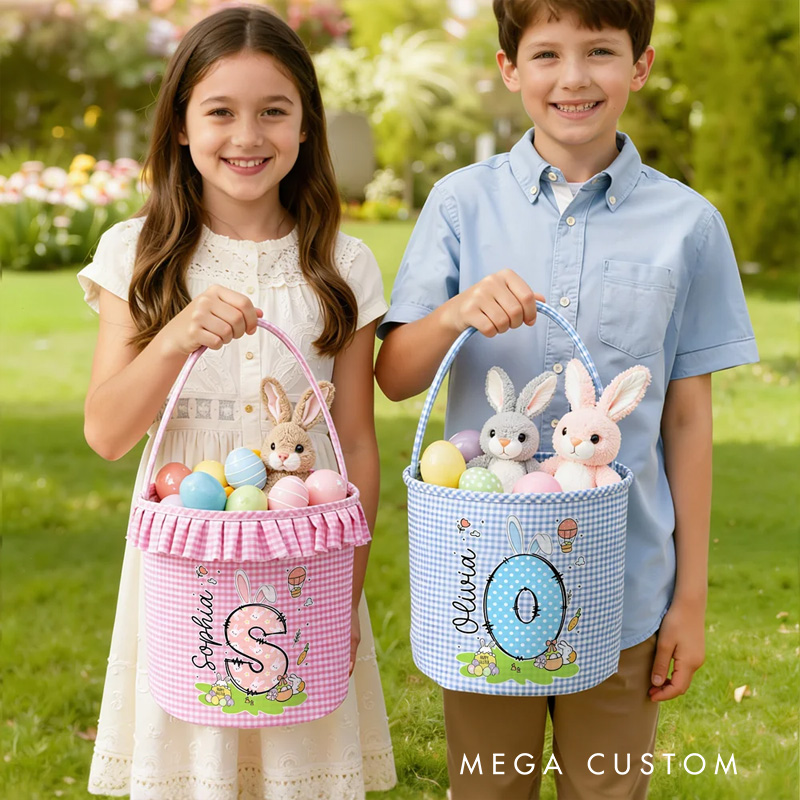 Personalized Cute Bunny Initial Flower Plaid Easter Basket with Name Easter Egg Hunt Easter Gift for Boys Girls