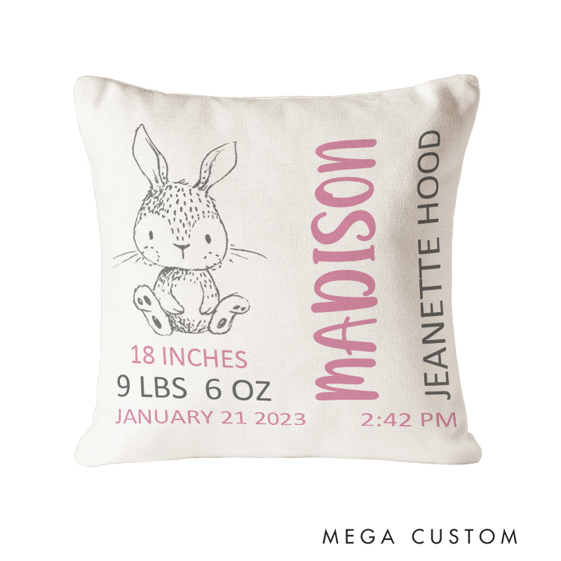 Personalized Bunny Birth Stats Throw Pillows Featuring Baby's Name And Weight Details Throw Pillows