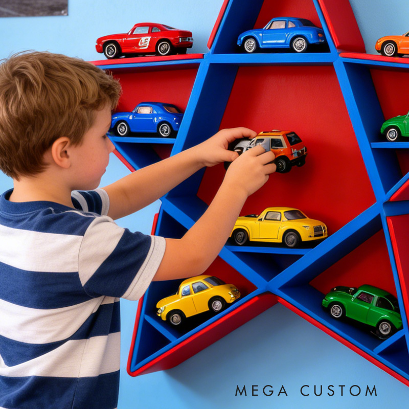 Personalized Custom Name Star Shaped Wall Mounted Shelf Creative 3D Printed Kids Room Organizer Perfect for Displaying Toy Cars Collectibles and Nursery Decor