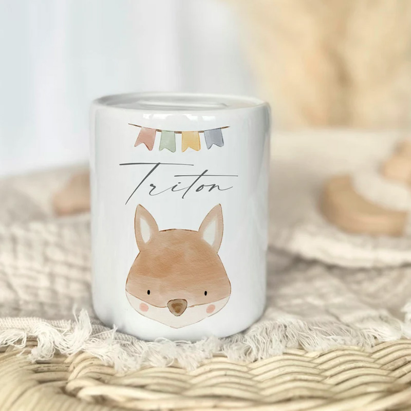 Personalized Woodland Animal Theme Name Ceramic Money Box Cute Nursery Gift Baby Keepsake Piggy Bank