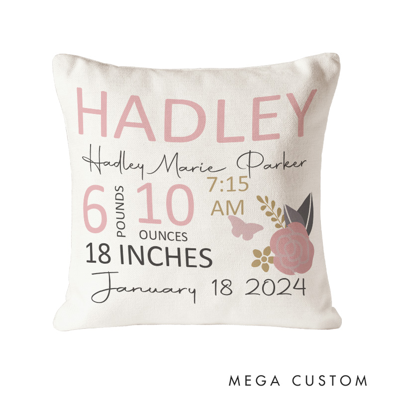 Personalized Floral Birth Stats Throw Pillows Highlighting Baby's Name And Measurements Throw Pillows