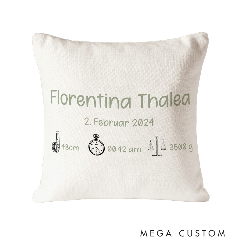 Personalized Minimalist Birth Stats Throw Pillows Highlighting Baby's Key Details And Date Throw Pillows