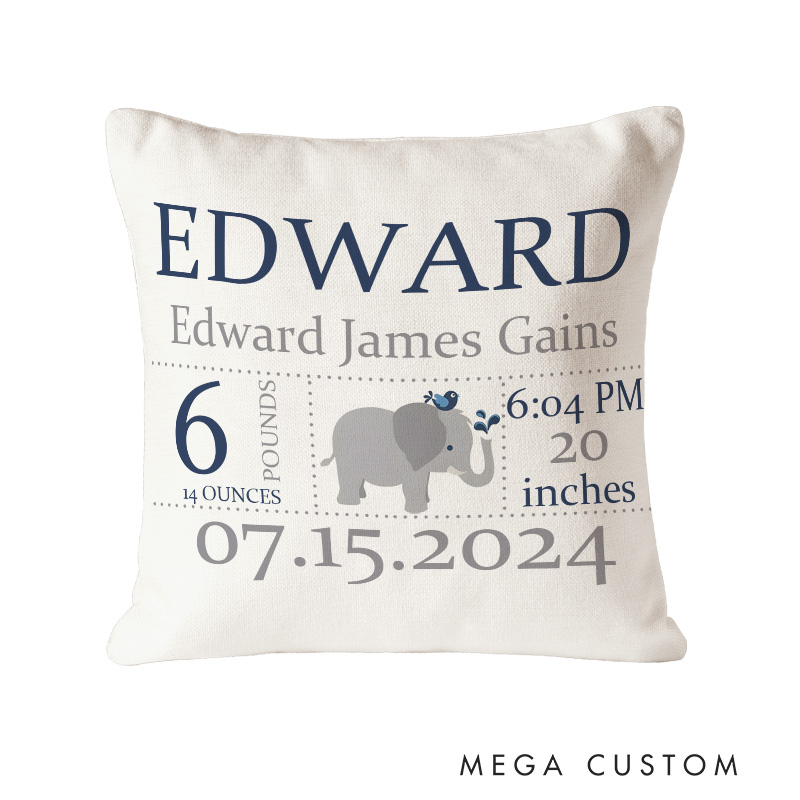 Personalized Elephant Birth Stats Throw Pillows Featuring Baby's Name And Key Measurements Throw Pillows