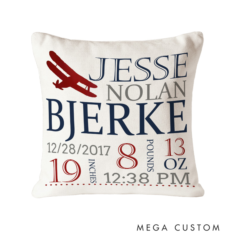 Personalized Airplane Birth Stats Throw Pillows Featuring Baby's Name And Flight-Inspired Details Throw Pillows