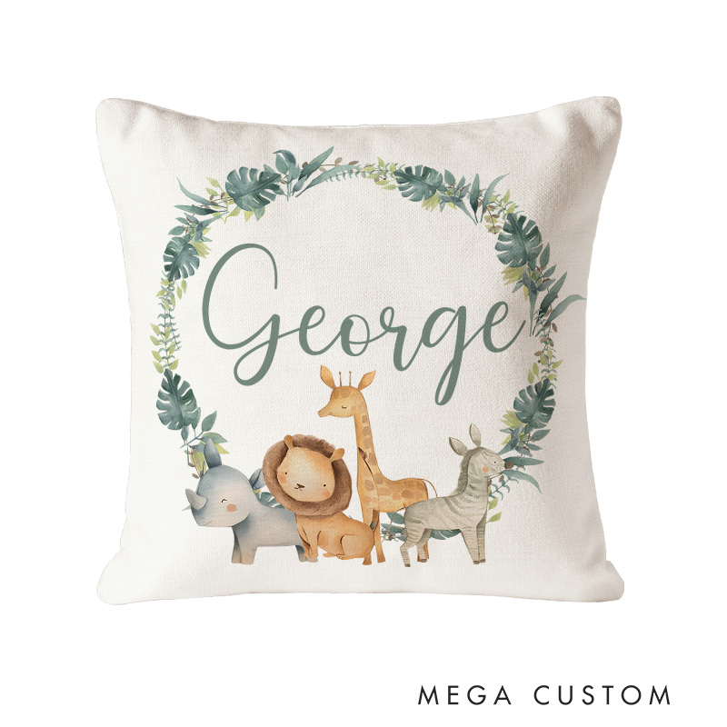 Personalized Safari Animal Wreath Throw Pillows Highlighting Baby's Name And Playful Animals Throw Pillows