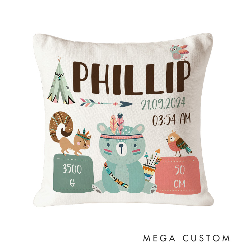 Personalized Woodland Animal Birth Stats Throw Pillows Featuring Baby's Name And Details Throw Pillows