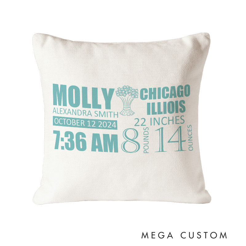 Personalized Birth Stats Throw Pillows Featuring Baby's Name And Key Details In Style Throw Pillows
