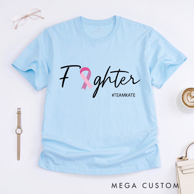 Personalized Her Fight Is Our Fight T-shirt featuring pink and gray ribbon design to support breast cancer warriors and survivors.
