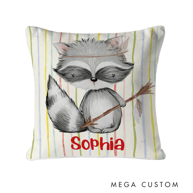 Personalized Raccoon with Arrow Colorful Striped Baby Room Decor Throw Pillows