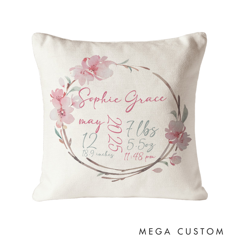 Personalized Floral Baby Girl Birth Stat Throw Pillow Baby Girl Nursery Decor