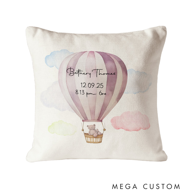 Personalized Balloon Baby Throw Pillow Announcement Gift for New Girls Nursery Decor Ideas