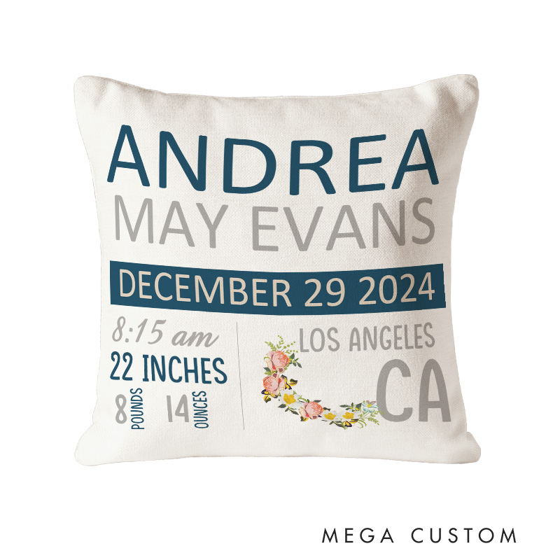 Personalized Birth Stats Throw Pillows Highlighting Baby's Name Date Measurements Throw Pillows