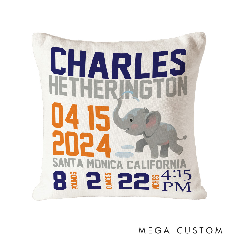 Personalized Elephant Birth Stats Throw Pillows Highlighting Baby's Name And Key Measurements Throw Pillows