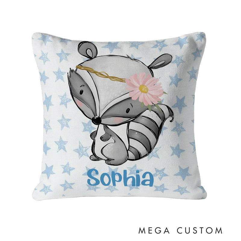 Personalized Raccoon with Floral Headband Starry Background Baby Gift Throw Pillows
