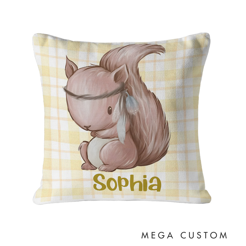 Personalized squirrel with Soft Plaid Background Cozy Baby Keepsake Throw Pillows