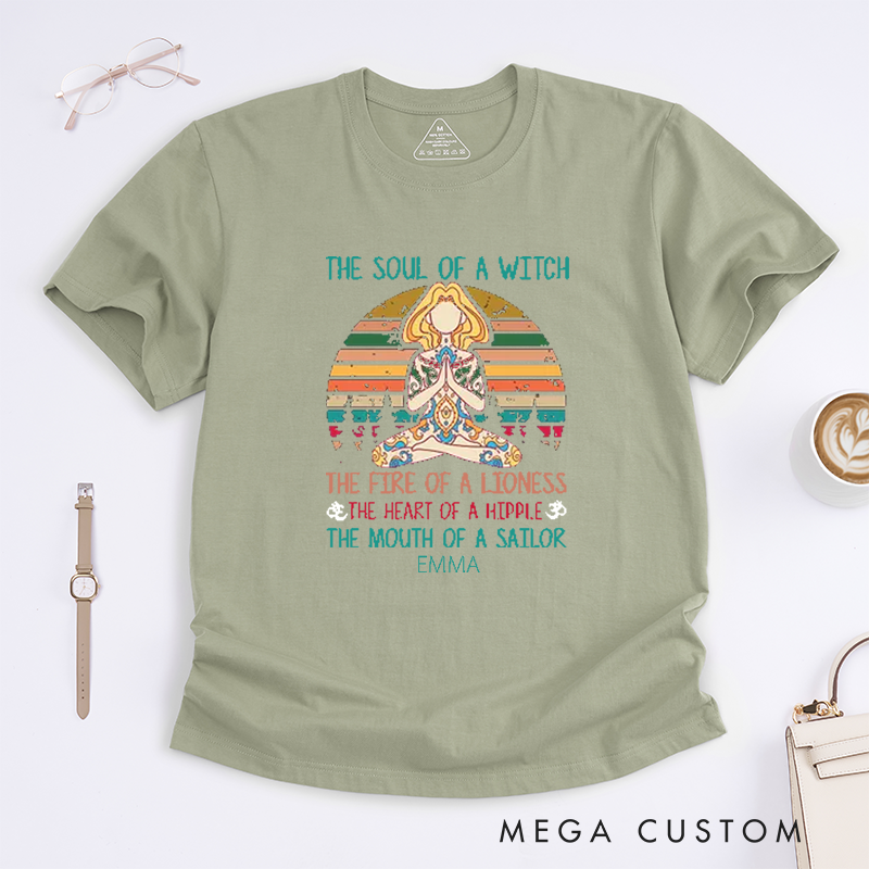 Personalized The Soul Of A Witch Yoga T-Shirt Positive Yoga Lover T-Shirt Meditating Yoga Gift for Women