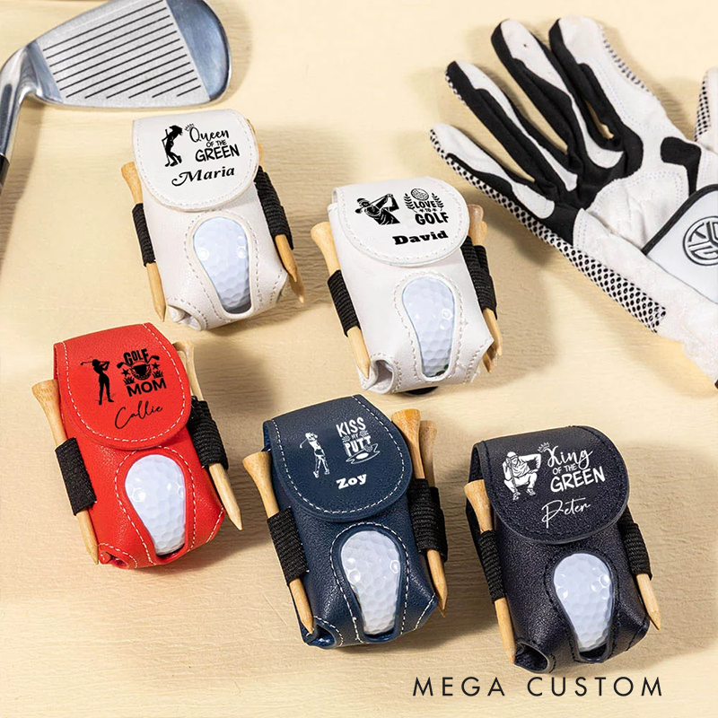 Personalized Leather Golf Ball Pouch with Custom Name and Fun Golf Themed Designs