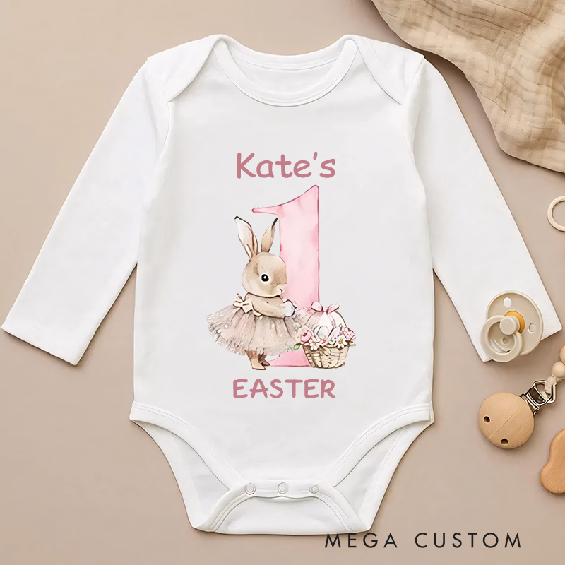 Personalized Cute Bunny 1st Easter Long Sleeve Baby Bodysuit with Name Easter Party Birthday Gift for Newborns