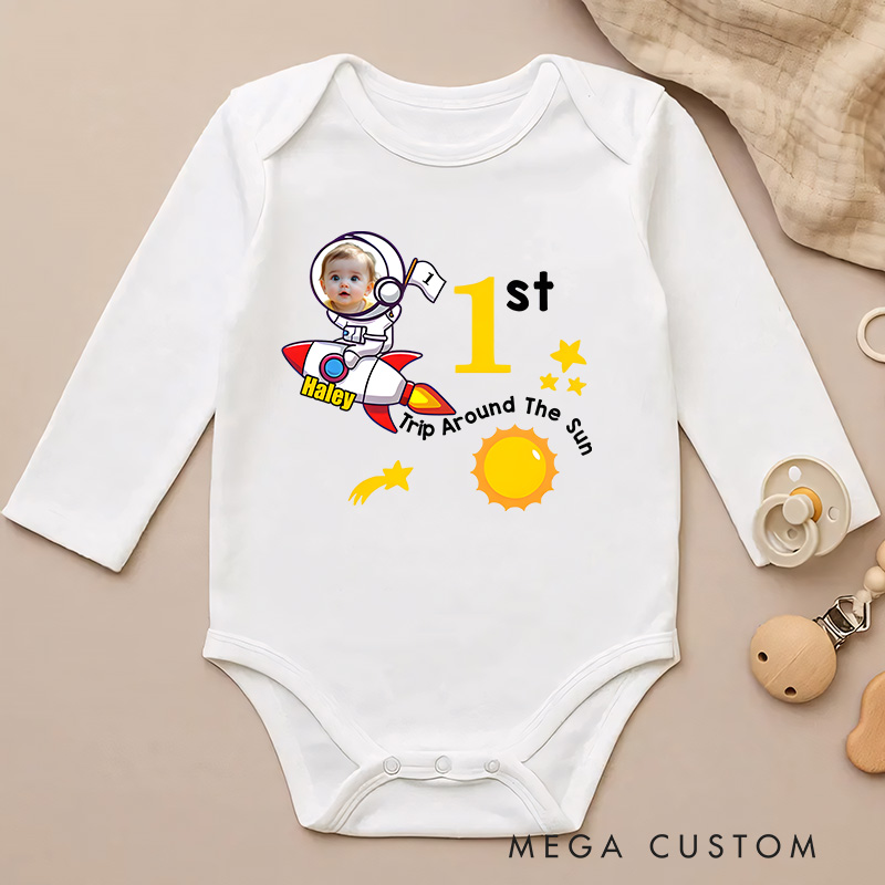 Personalized Baby Photo Rocket and Star Design for Birthday Celebration Baby Bodysuit