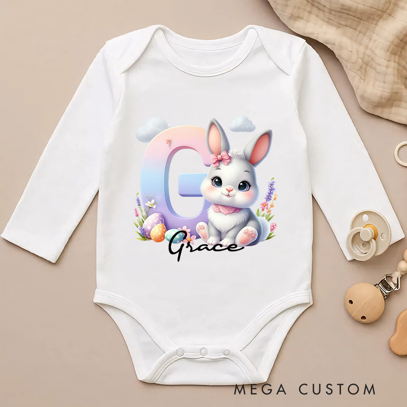 Personalized Cute Easter Bunny Initial Baby Bodysuit with Name Birthday Easter Gift for Kids Baby