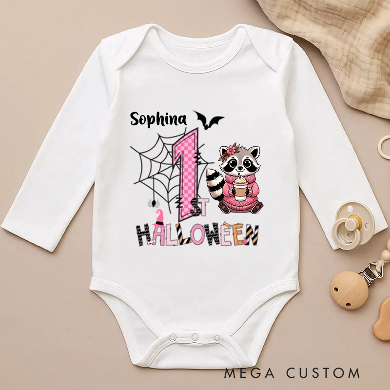 Personalized Cute Peter Rabbit Ghost Raccoon Halloween Elements Baby Bodysuit with Name First Halloween Gift for Newborns