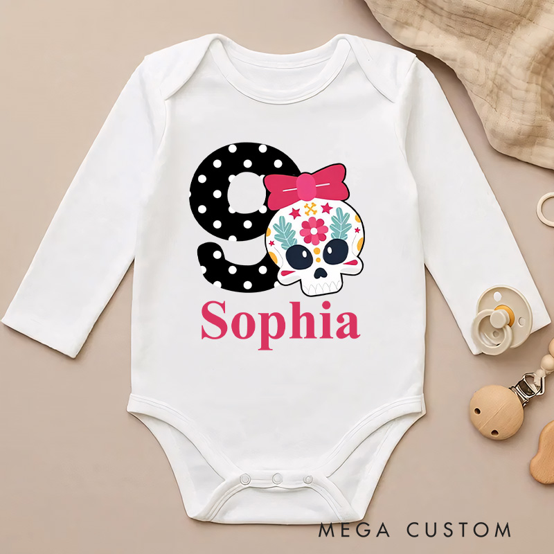 Personalized Minnie Mouse Inspired Skull Design for Baby's First Halloween Celebration Baby Bodysuit