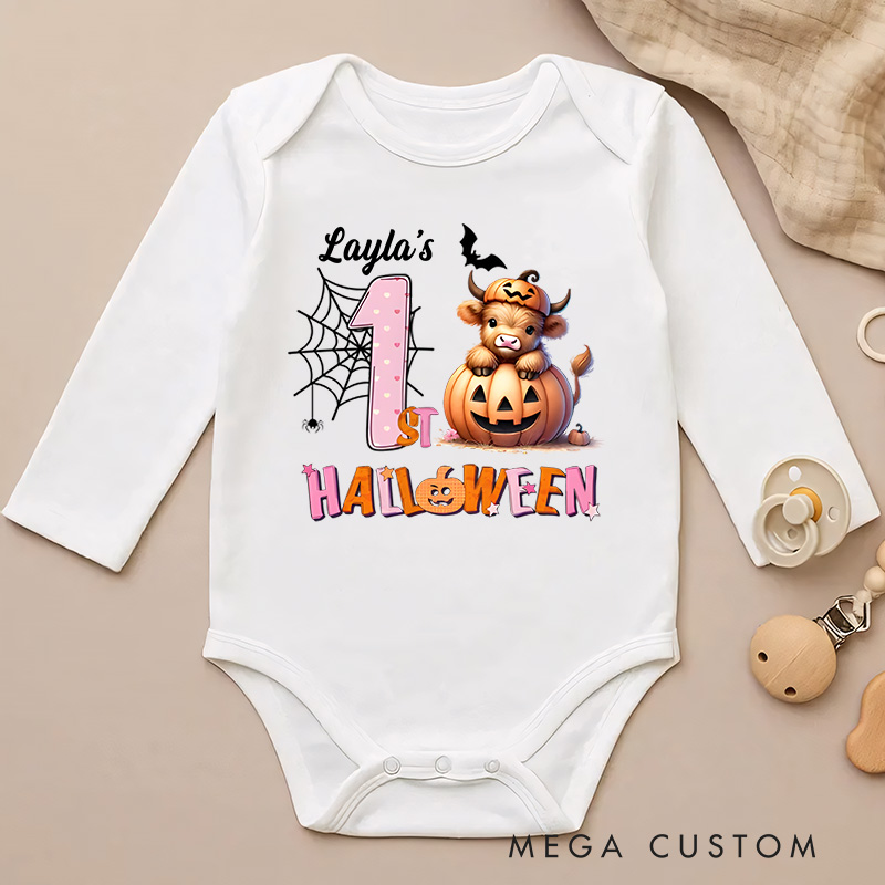 Personalized Spider Web and Pumpkin Design for Baby's First Halloween Celebration Baby Bodysuit
