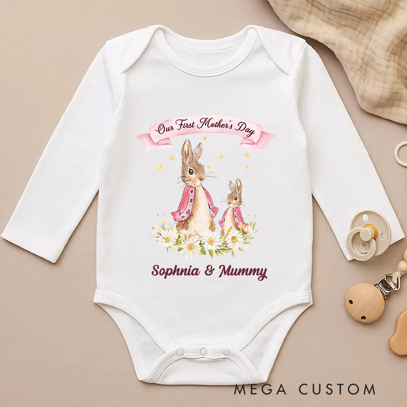 Personalized Our First Mother’s Day Peter Rabbit Bunny Floral Baby Onesie with Names Mother’s Day Baby Shower Gift