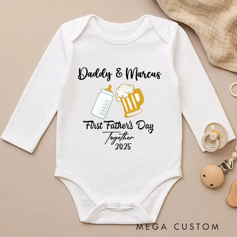 Personalized Baby Bottle and Beer Mug  Baby Onesies with Text Father's Day Birthday Gift