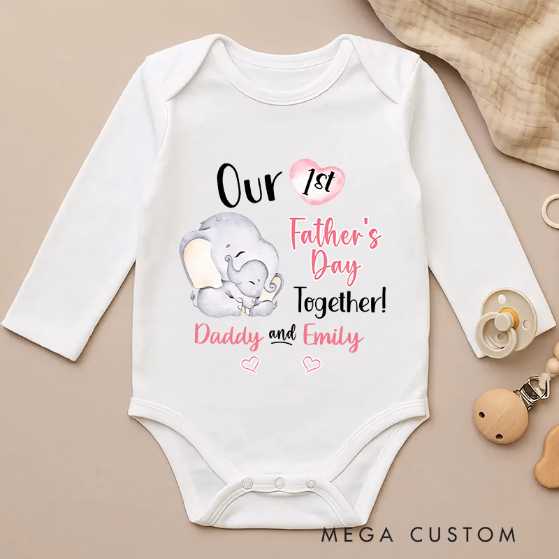 Personalized Cute Elephant Our First Father's Day Baby Onesie with Name Gift for Dad Baby