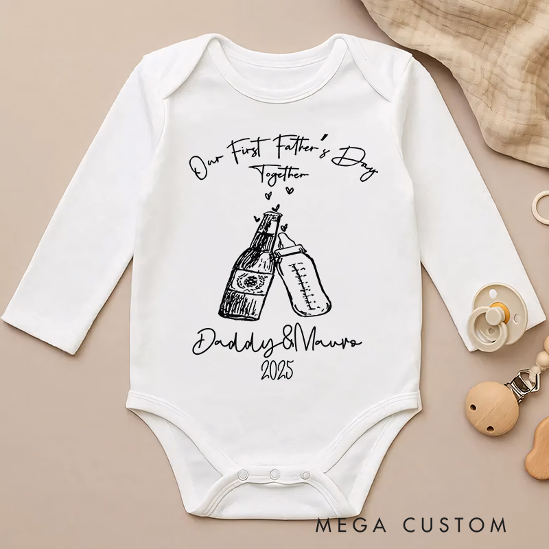 Personalized Bottle Cheers Illustration for Daddy and Mama's First Father's Day Celebration Baby Bodysuit