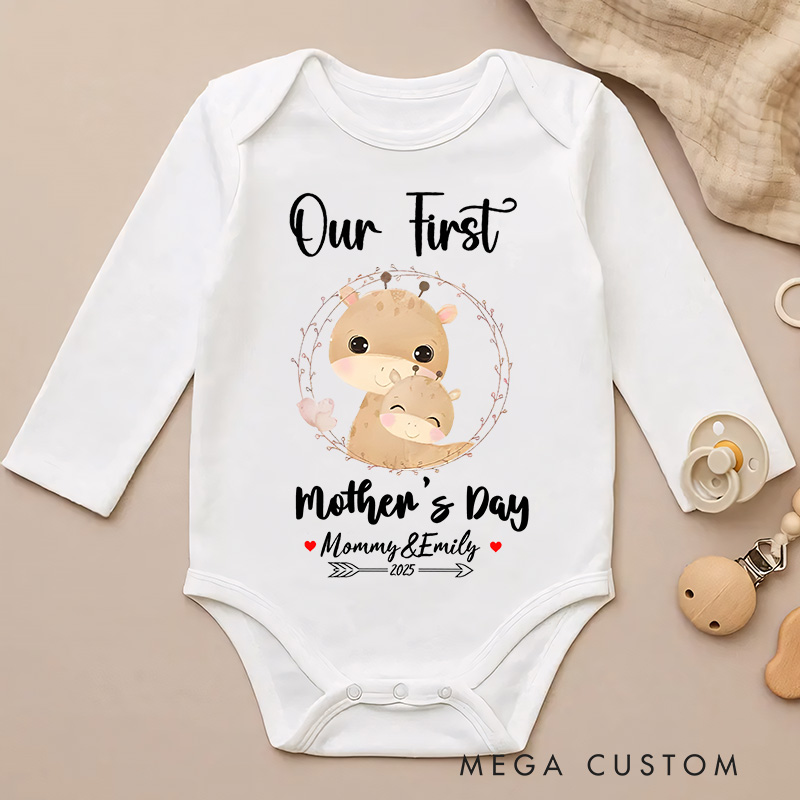 Personalized Our First Mother's Day Design with Cute Animal and Floral Wreath for Mommy and Baby Baby Bodysuit
