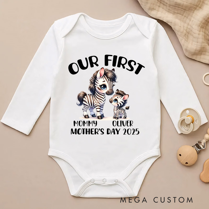 Personalized Our First Mother's Day Zebra Mom and Baby with Names and Year Baby Bodysuit