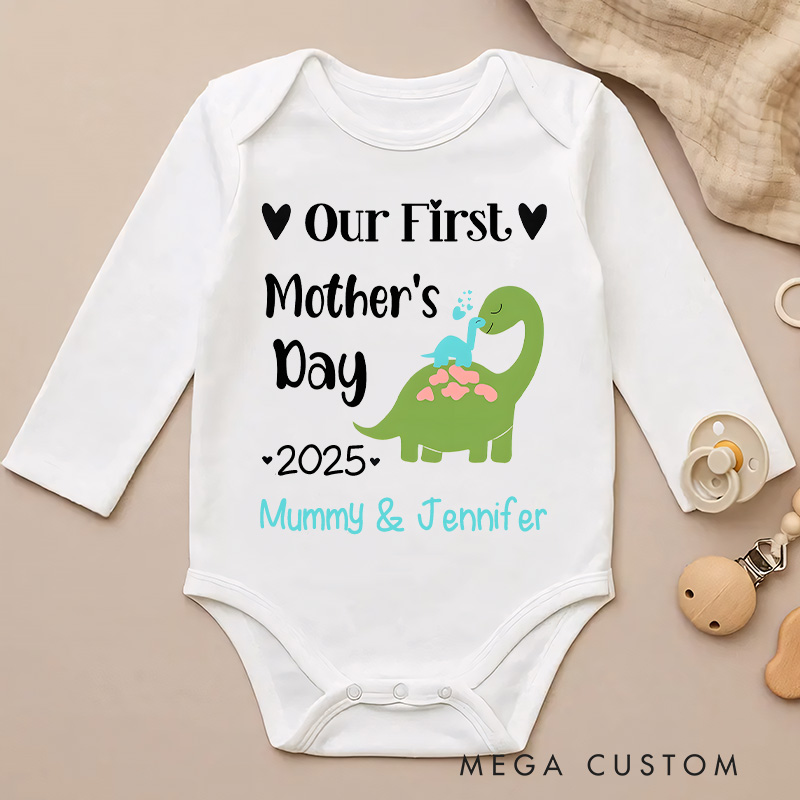 Personalized Our First Mother's Day Dinosaur Mom and Baby with Name and Year for a Fun Design Baby Bodysuit