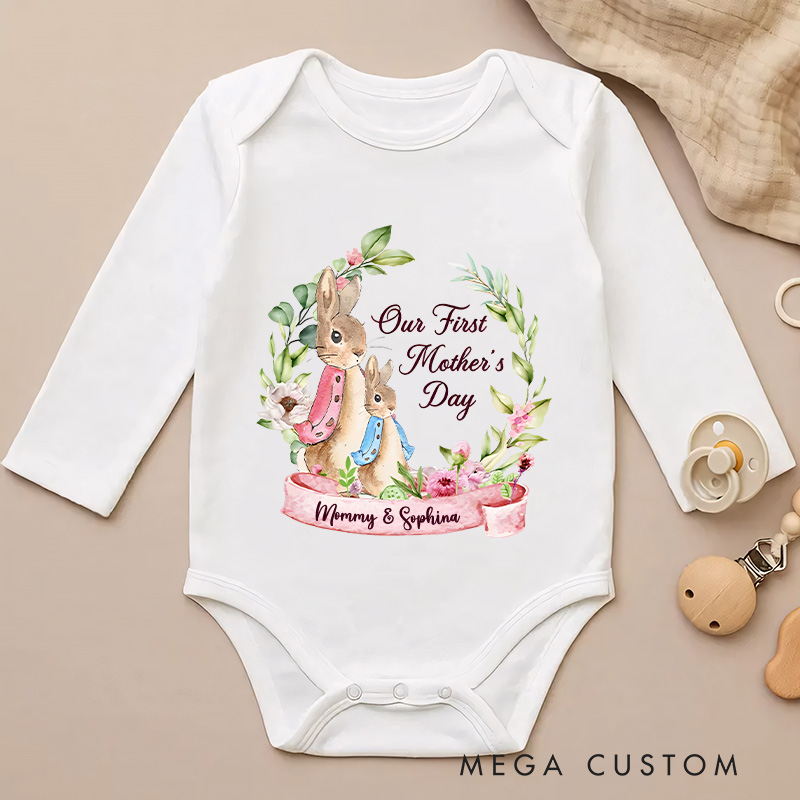 Personalized Our First Mother’s Day Peter Rabbit Bunny Floral Baby Onesie with Names Mother’s Day Gift for Baby New Mom