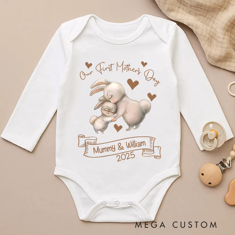 Personalized Our First Mother's Day Gentle Bunny Mom and Baby with Names Baby Bodysuit Gift for New Baby