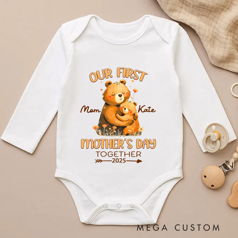 Personalized Hugging Bears Our First Mother's Day Baby Onesie with Name First Mother's Day Gift For Mom Baby