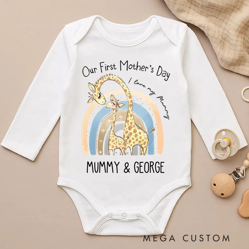 Personalized Our First Mother's Day Giraffe Mom and Baby Surrounded by Pastel Colors and Names Baby Bodysuit