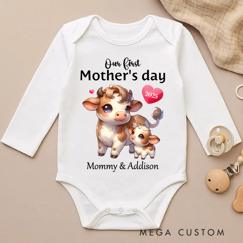 Personalized Our First Mother's Day Cow Mom and Baby with Sweet Hearts and Year Baby Bodysuit